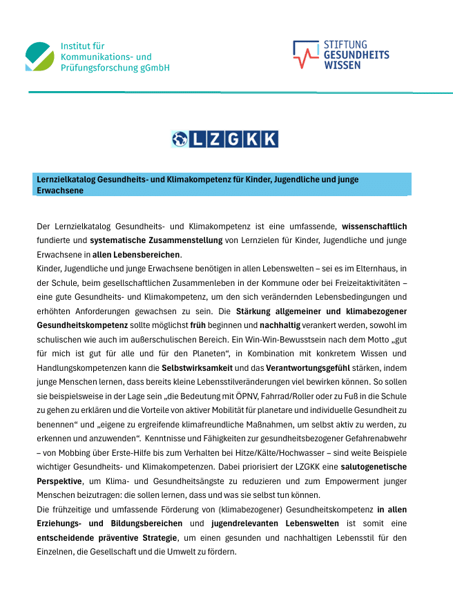 Kurzbeschreibung des Lernzielkatalogs Gesundheits- und Klimakompetenz
